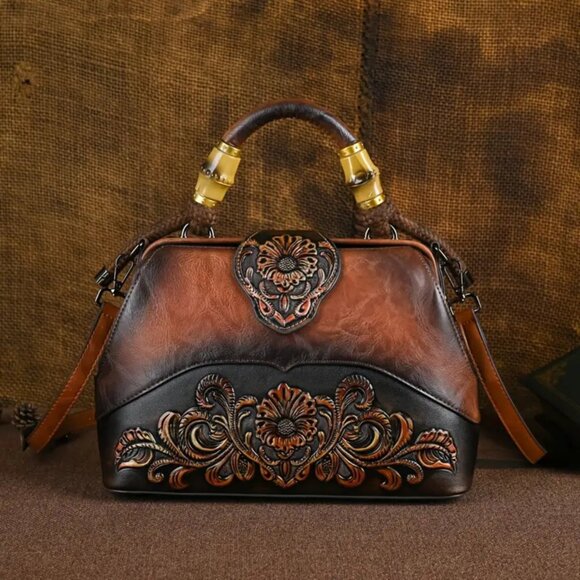 Vintage Style Two-Tone Rustic Southwest Tooled Floral Women's Crossbody Purse - Picture 1 of 10